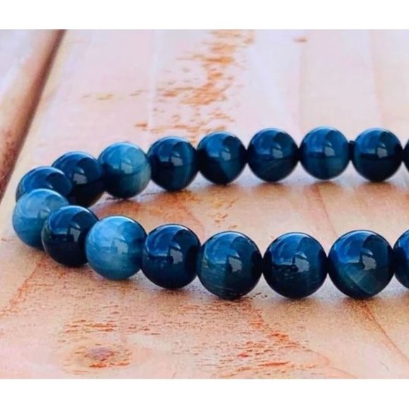 10mm Blue/Green Tiger Eye Beaded Stretch Bracelet - Anxiety Relief - Picture 4 of 10